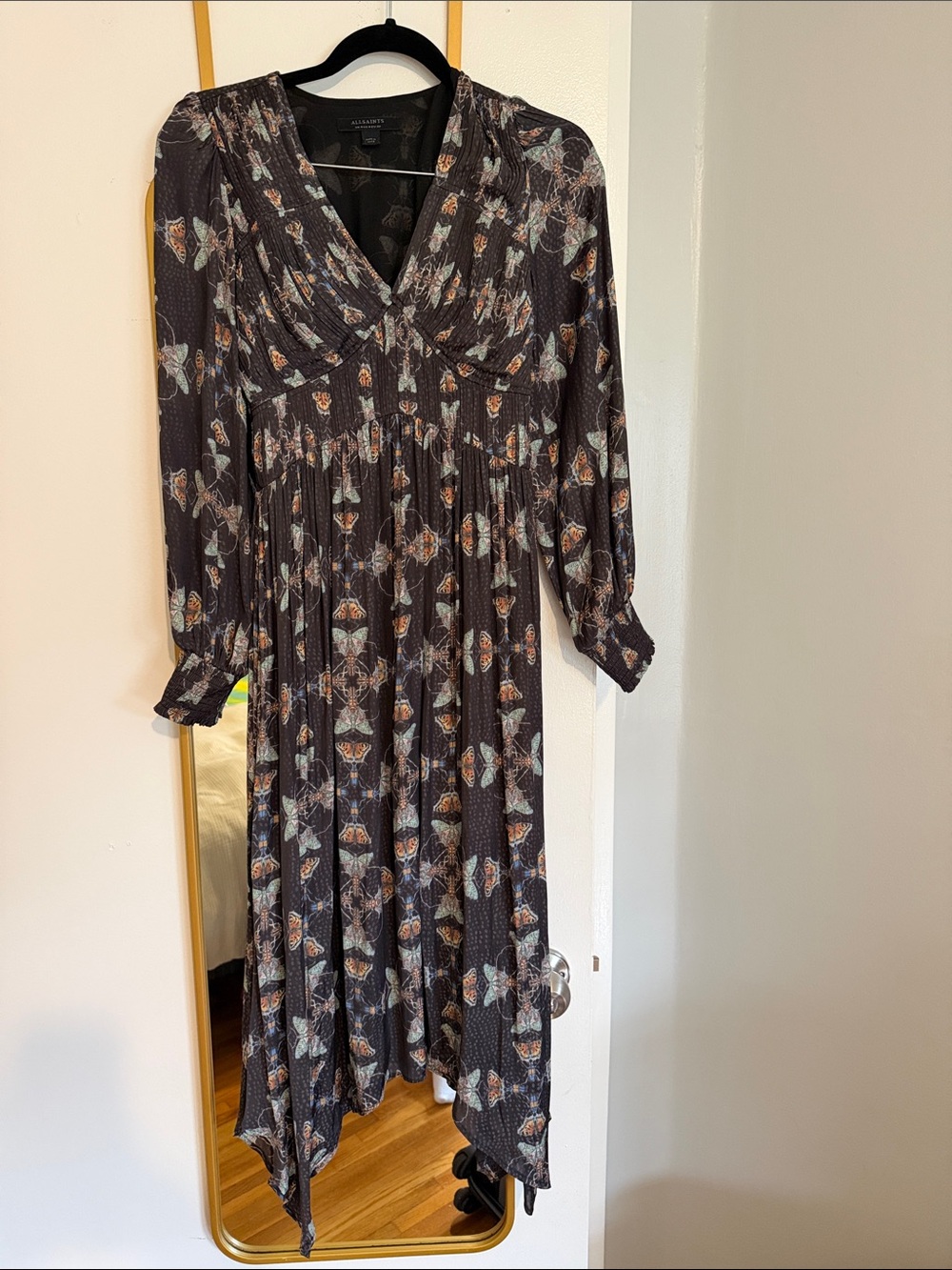 All Saints Black Floral-Print Long Sleeve V-Neck Midi Dress